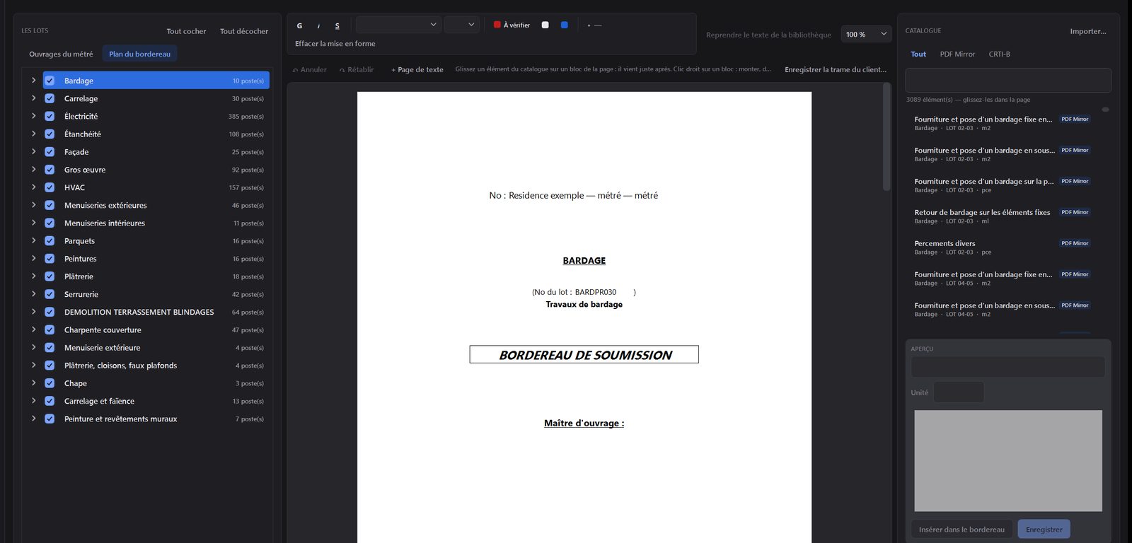 Le bordereau de soumission en cours de rédaction
